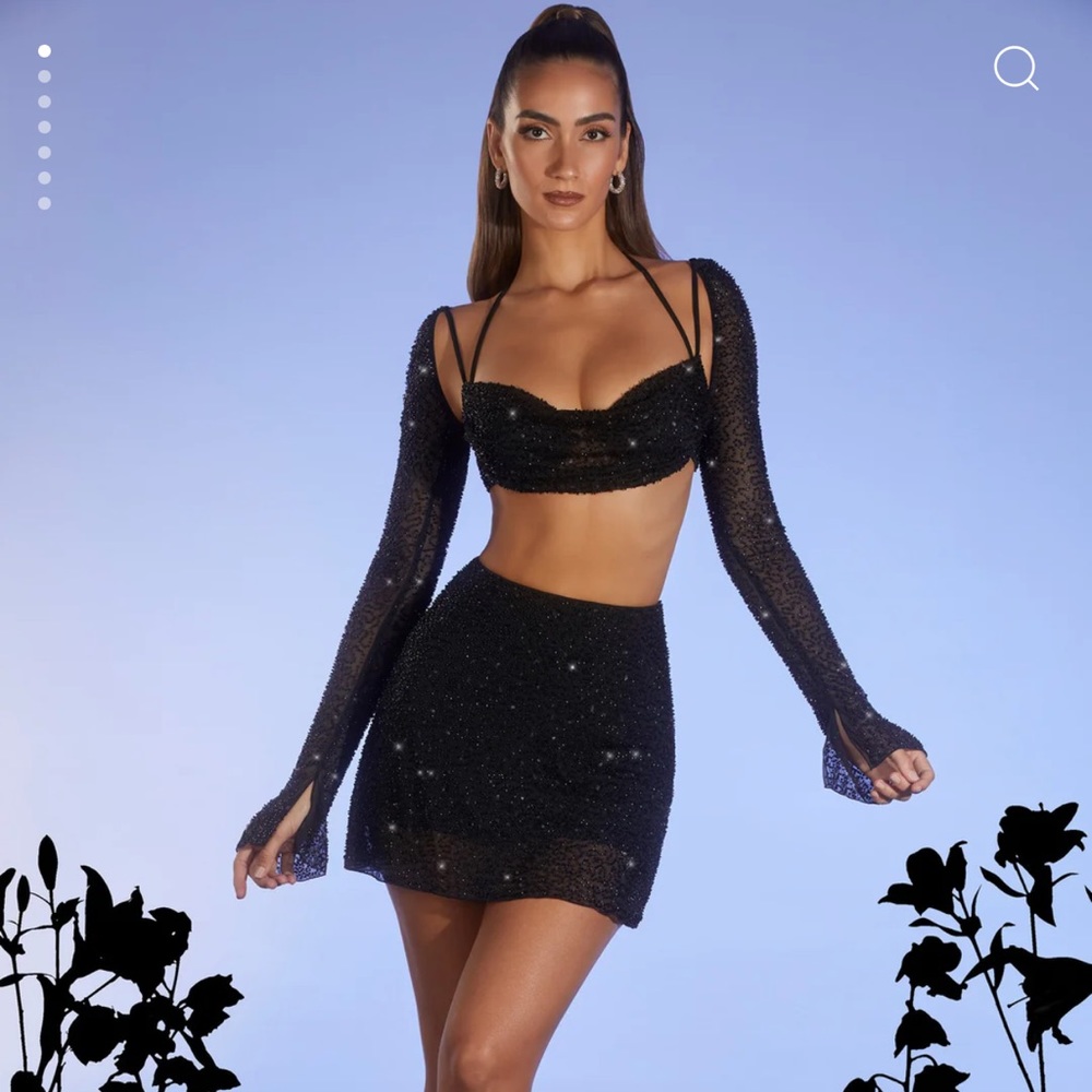 Oh Polly Embellished Long Sleeve Crop Top in Black